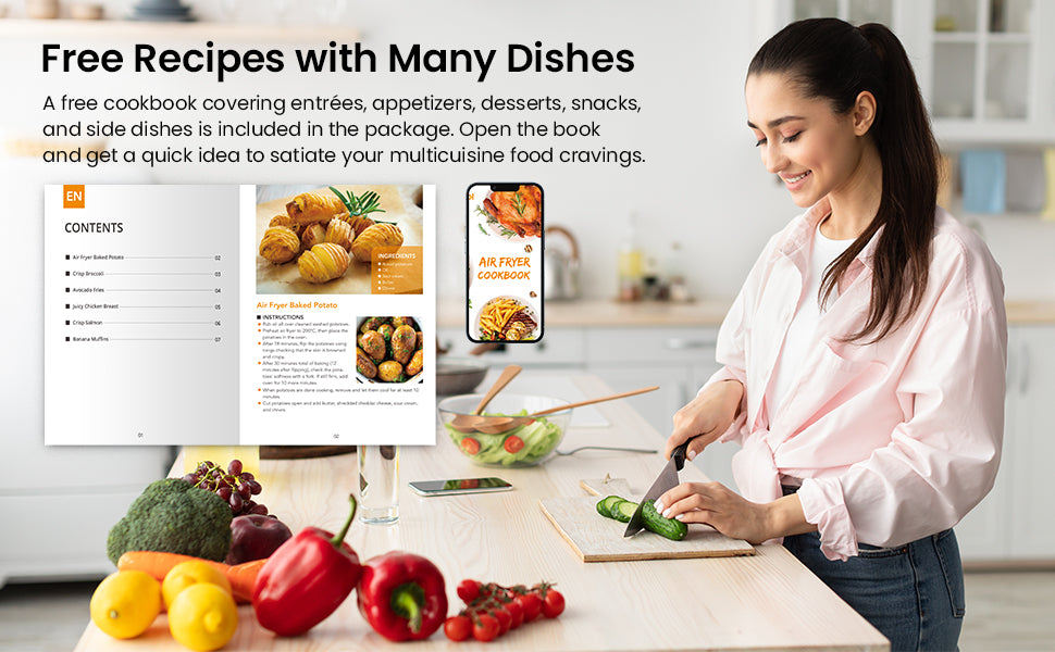 Woman preparing food in a kitchen with a cookbook and smartphone displaying a recipe.