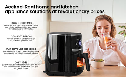Woman using an air fryer with promotional text about appliance features and pricing.