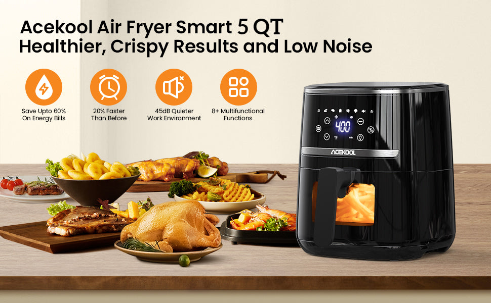 Acekool Air Fryer Smart 5 QT on a wooden table with food items and features listed.