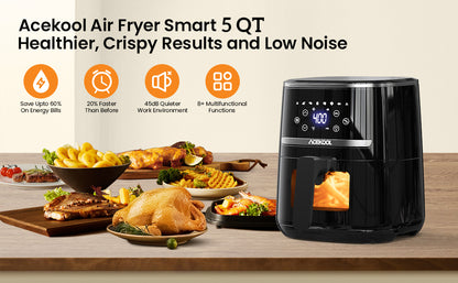 Acekool Air Fryer Smart 5 QT on a wooden table with food items and features listed.