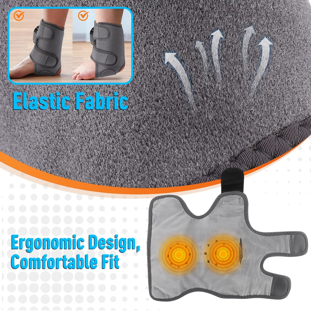 Gray heating pad with orange accents and ergonomic design, featuring text on fabric and fit.