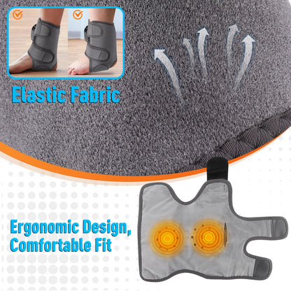 Gray heating pad with orange accents and ergonomic design, featuring text on fabric and fit.
