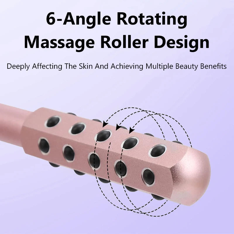 6-angle rotating massage roller design with text on a light purple background