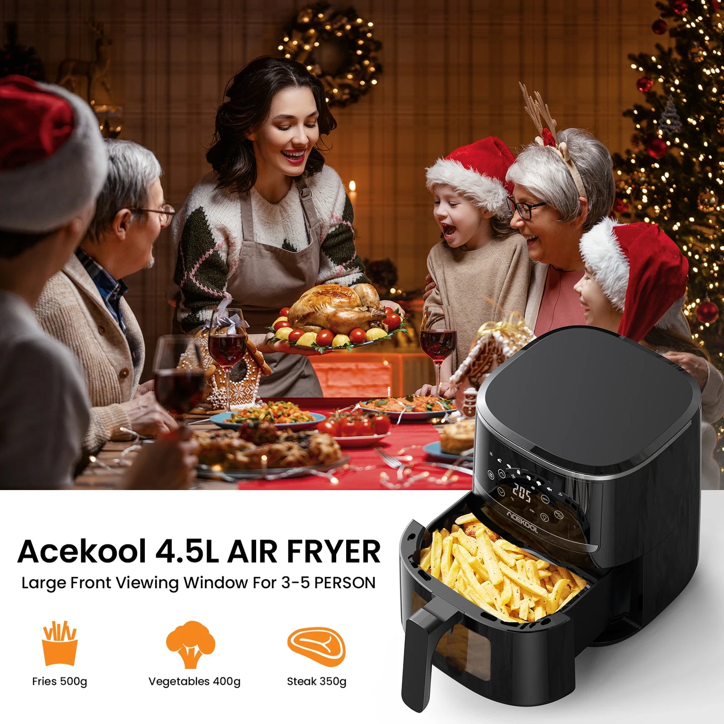 Family gathered around a Christmas dinner table with an Acekool 4.5L air fryer in the foreground.