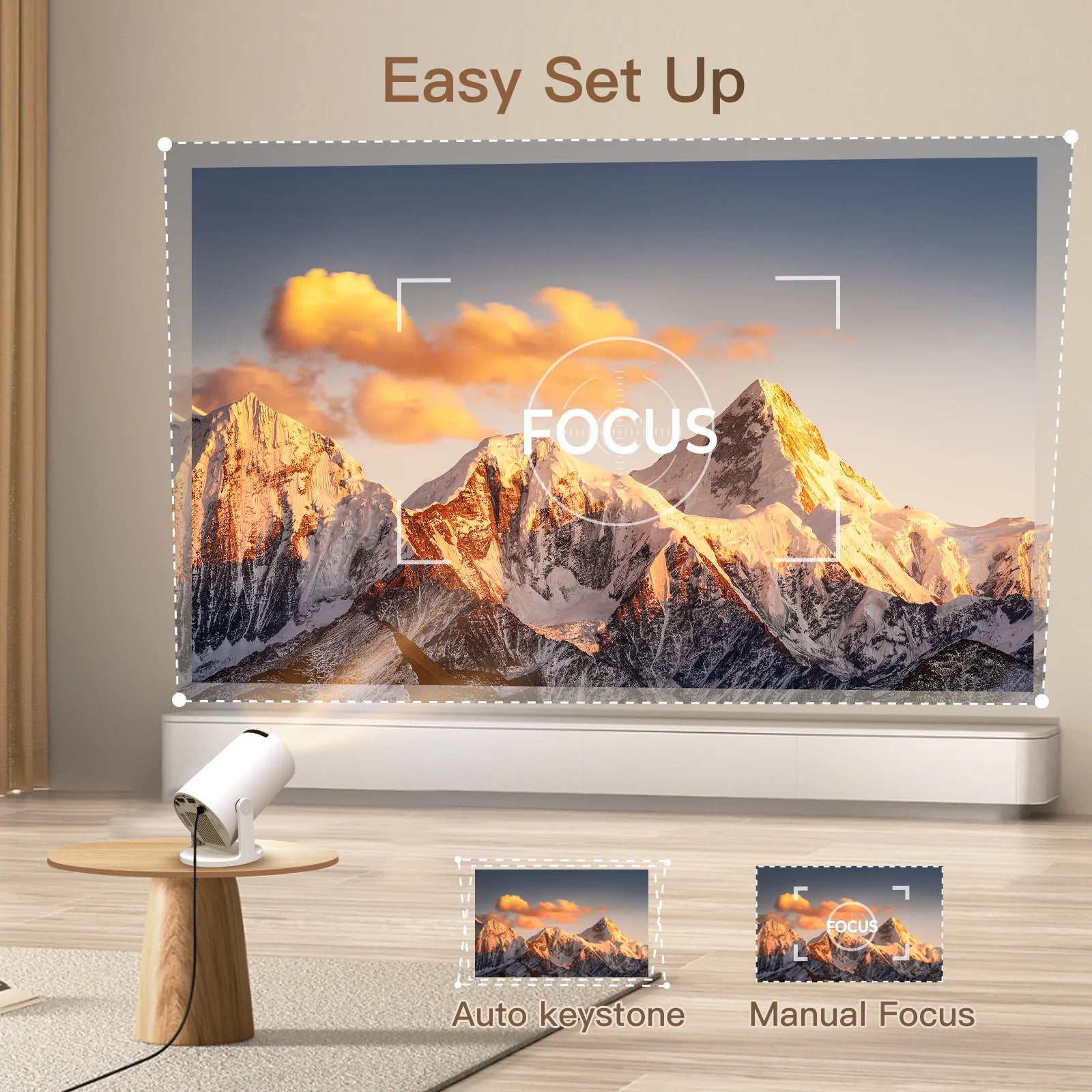 Smart TV displaying a mountain scene with focus and setup text, placed on a wooden floor.