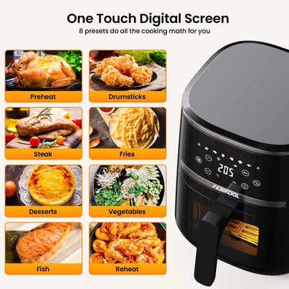 Air fryer with digital display and cooking presets on a white background