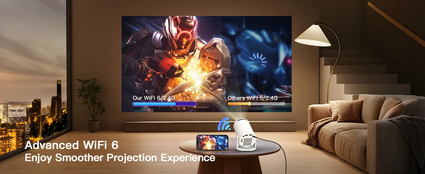 Living room with a large TV displaying a superhero scene, surrounded by home decor.