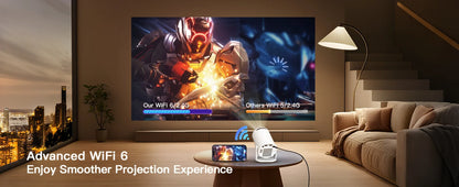 Living room with a large TV displaying a superhero scene, surrounded by home decor.