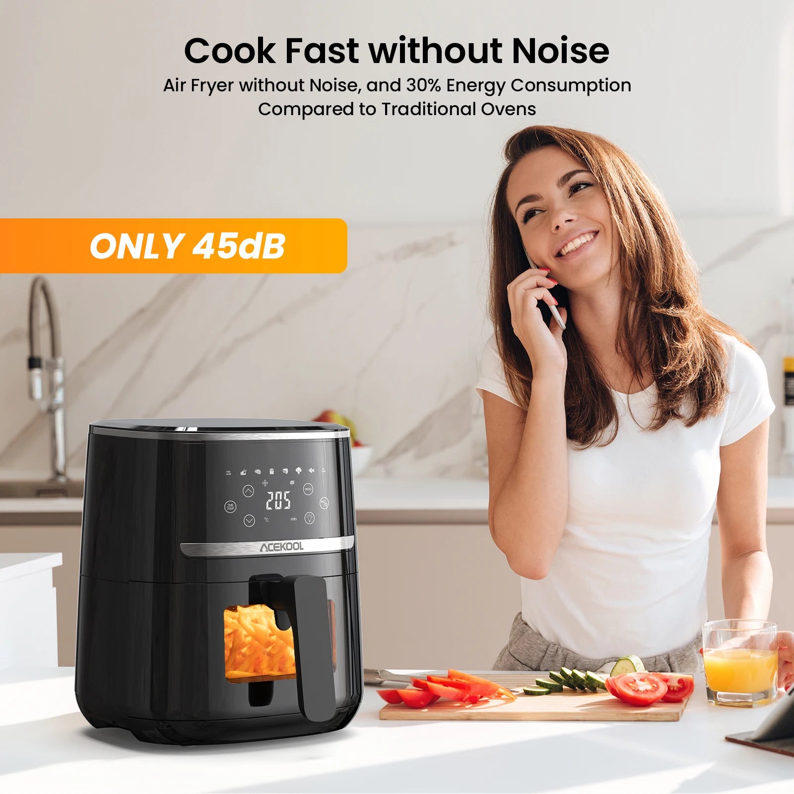 Air fryer with woman in kitchen, highlighting noise level and energy consumption benefits.