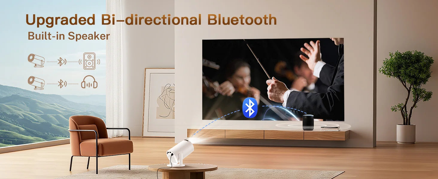 Living room with a TV displaying a Bluetooth connection graphic, surrounded by furniture and decor.