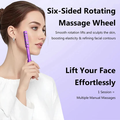 Woman holding a six-sided rotating massage wheel with promotional text on a light purple background