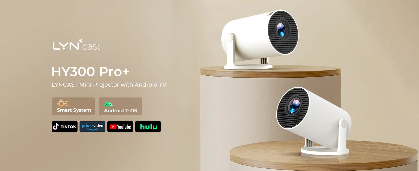 LYN'cast HY300 Pro+ mini projector with Android TV on a wooden shelf against a beige background.
