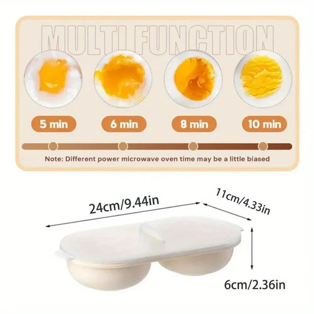 Multifunctional egg cooking device with time indicators and dimensions shown.
