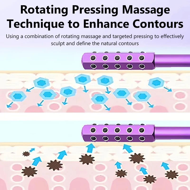 Illustration of a purple massage tool with text explaining a rotating pressing massage technique.