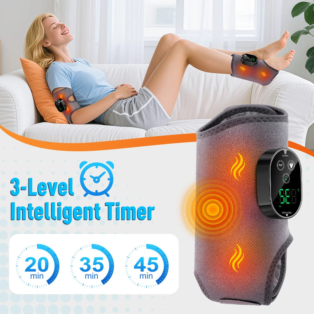 Woman using a leg massager with a 3-level intelligent timer display on a white couch.