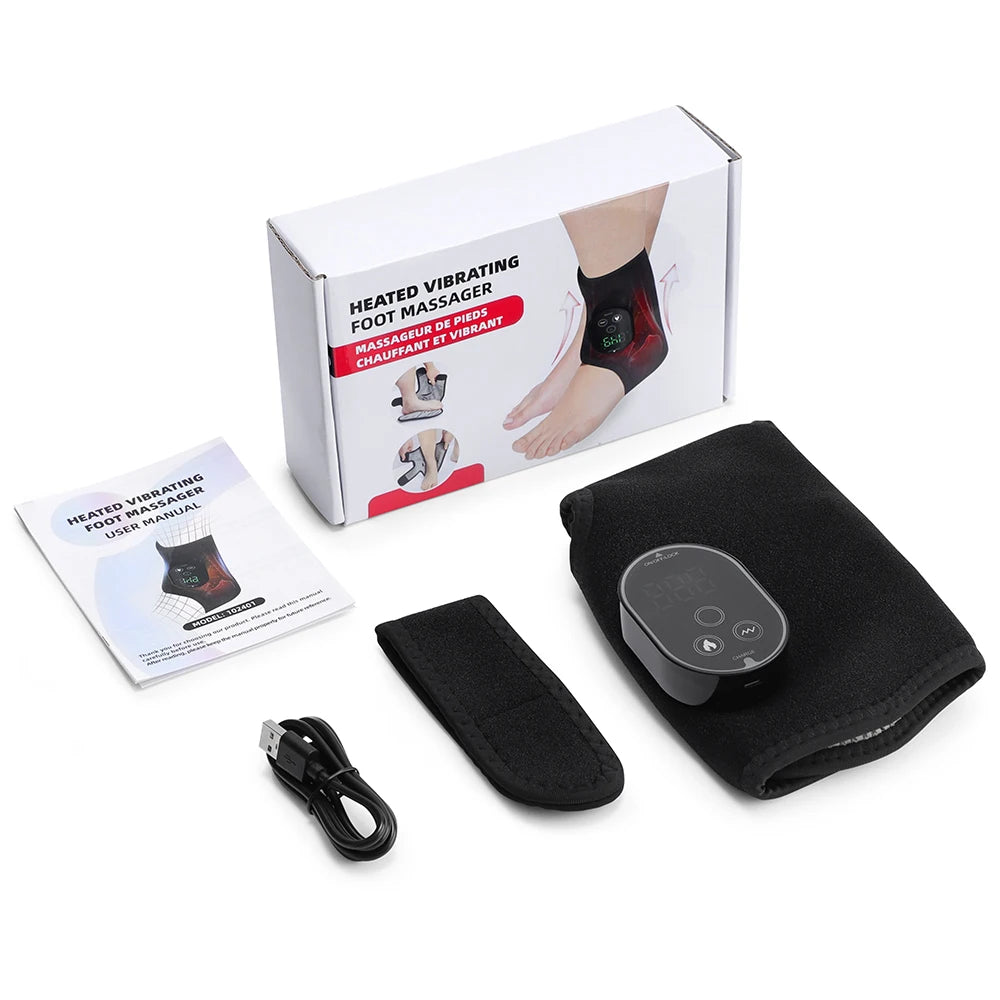 Heated vibrating foot massager with packaging, user manual, and accessories on a white background