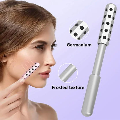 Woman using a facial roller with close-up details on Germanium and frosted texture on a purple background