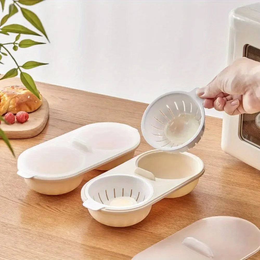 Egg separator on a wooden table with a plant in the background