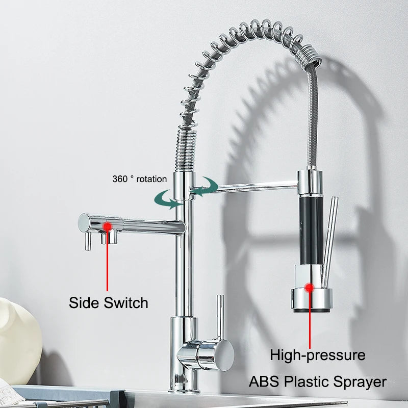 Chrome kitchen faucet with labeled features on a light gray background