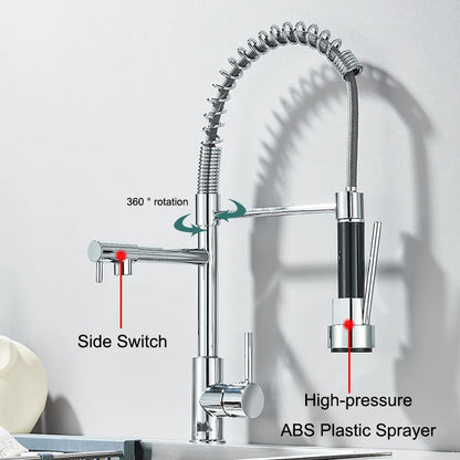 Chrome kitchen faucet with labeled features on a light gray background