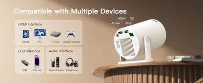 White projector on a wooden table with compatibility icons on a beige background