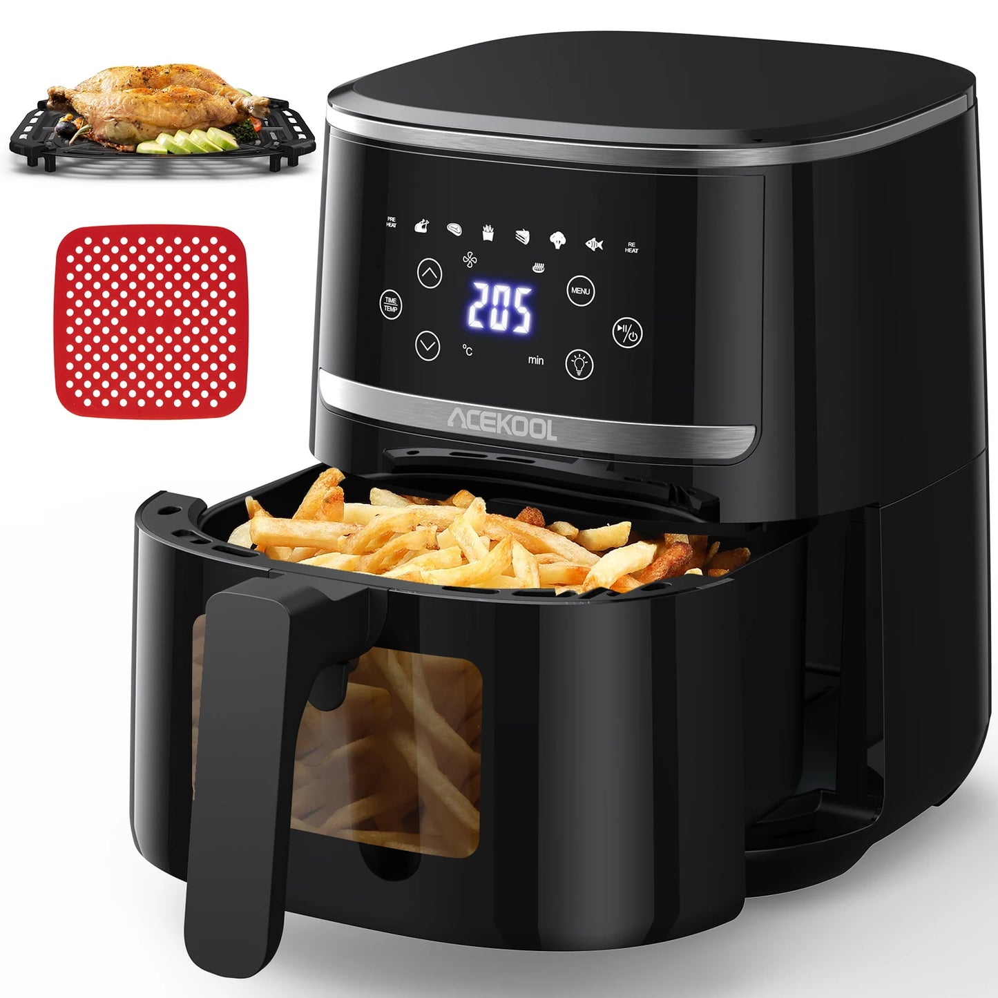 Black air fryer with digital display showing temperature, surrounded by fried food on a white background.