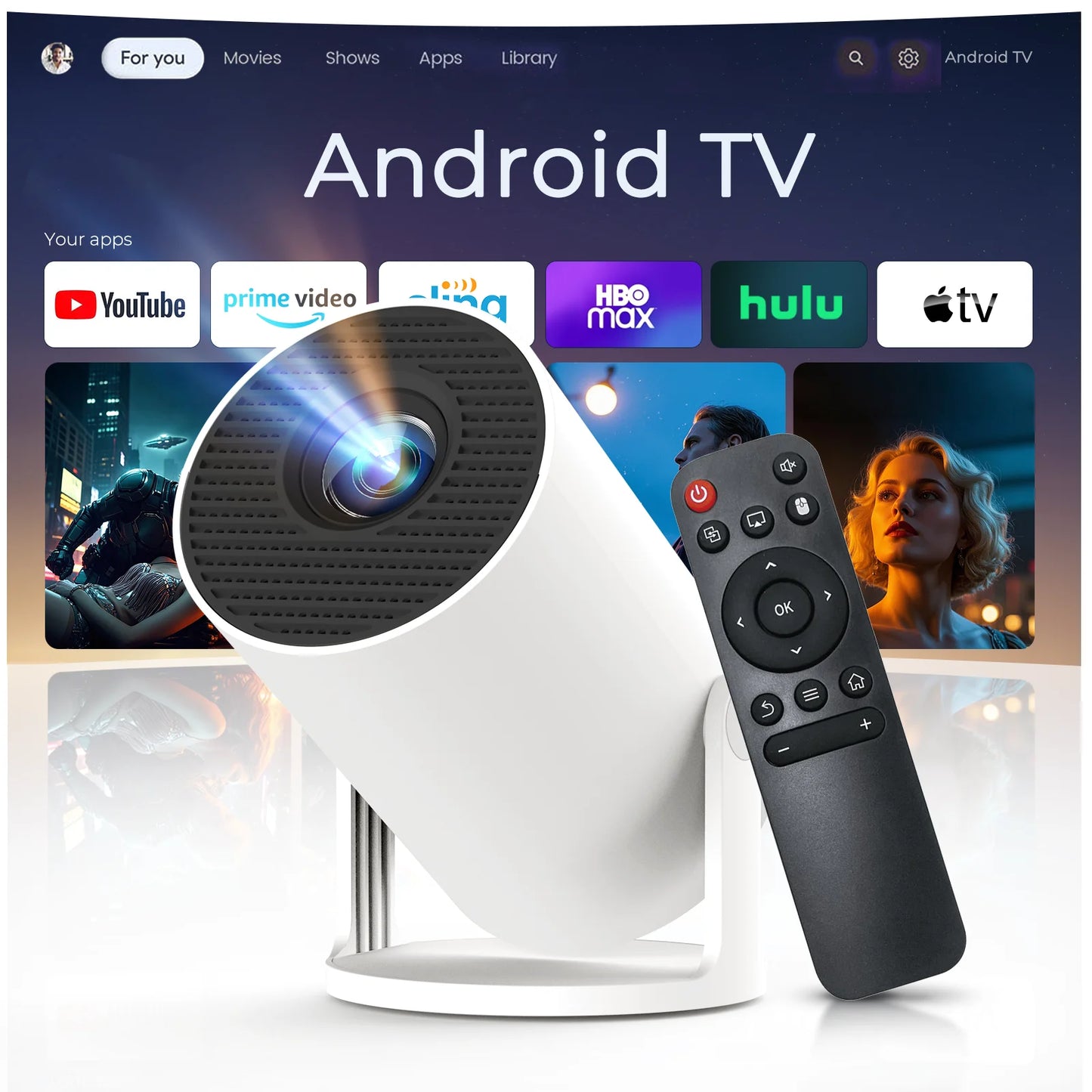 Android TV device with remote control on a reflective surface, displaying app icons on a screen.