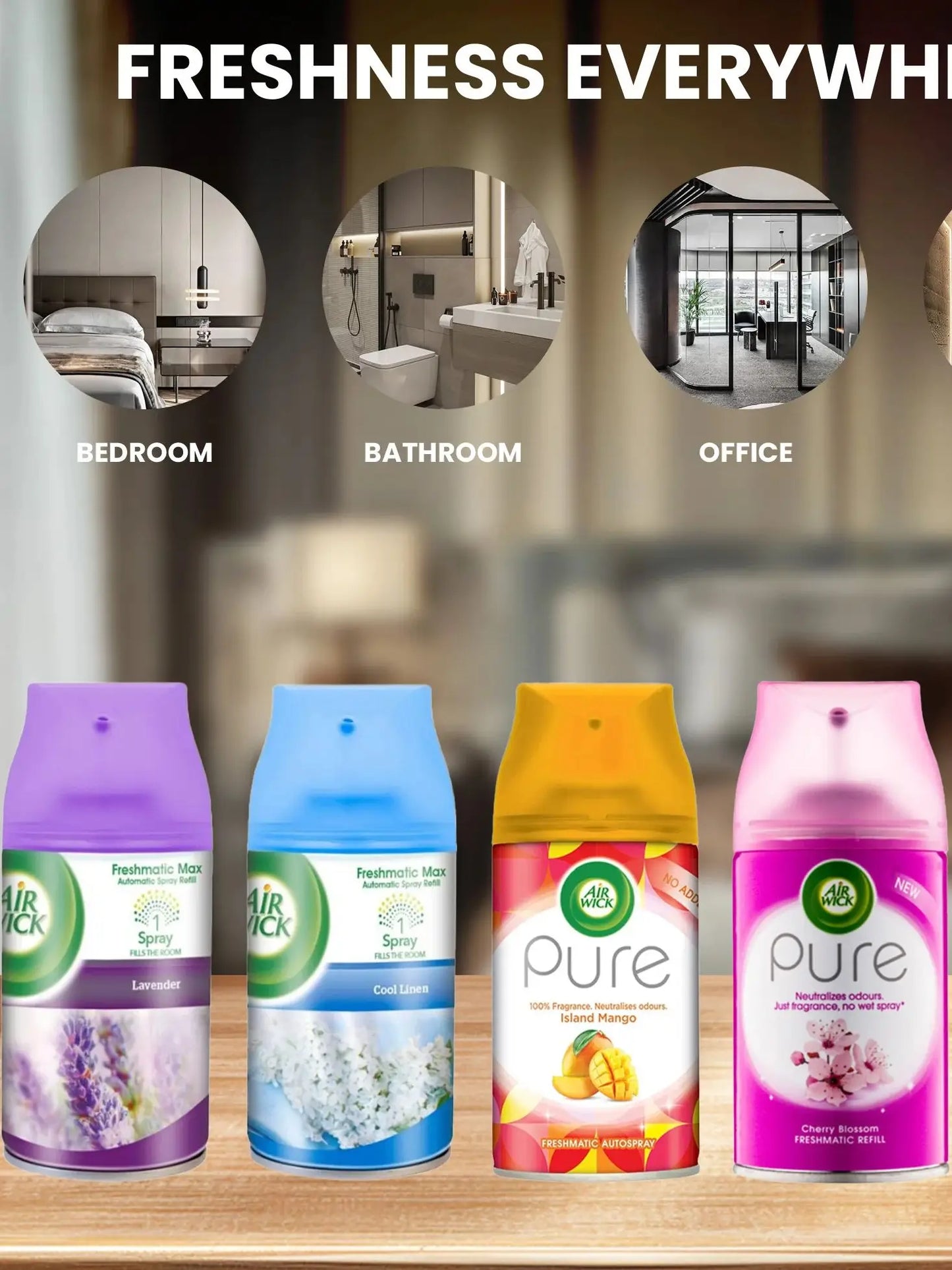 Air freshener products with labeled uses in bedroom, bathroom, and office on a blurred background.
