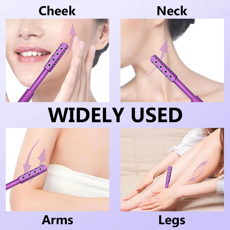 Purple skin care tool being used on various parts of the body with labeled areas.