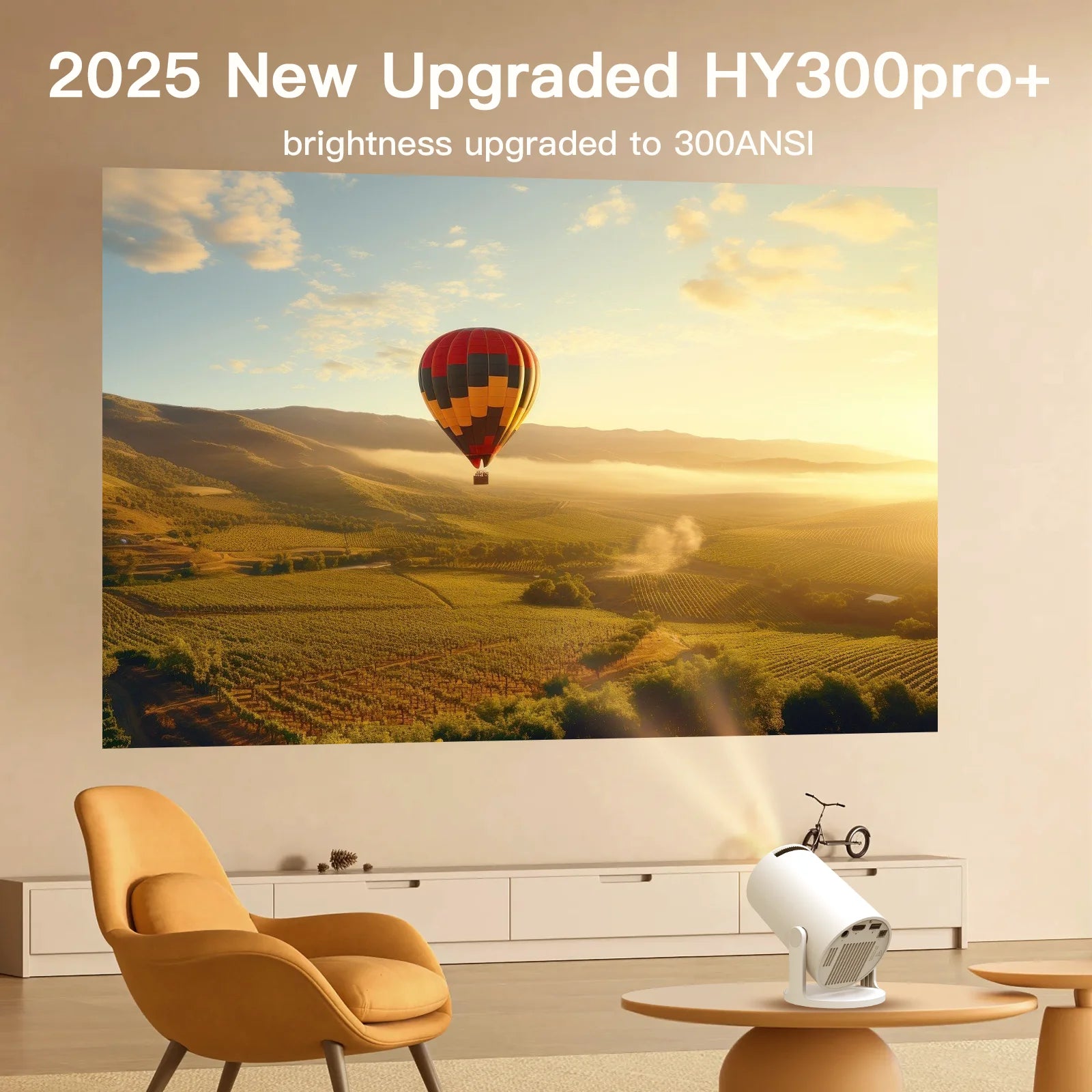 Living room with a large screen displaying a hot air balloon over a vineyard, and a projector on a table.
