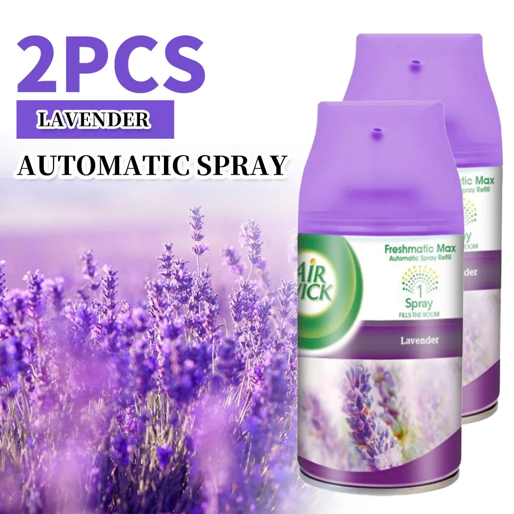 Two Air Wick Lavender automatic spray bottles with lavender flowers in the background.
