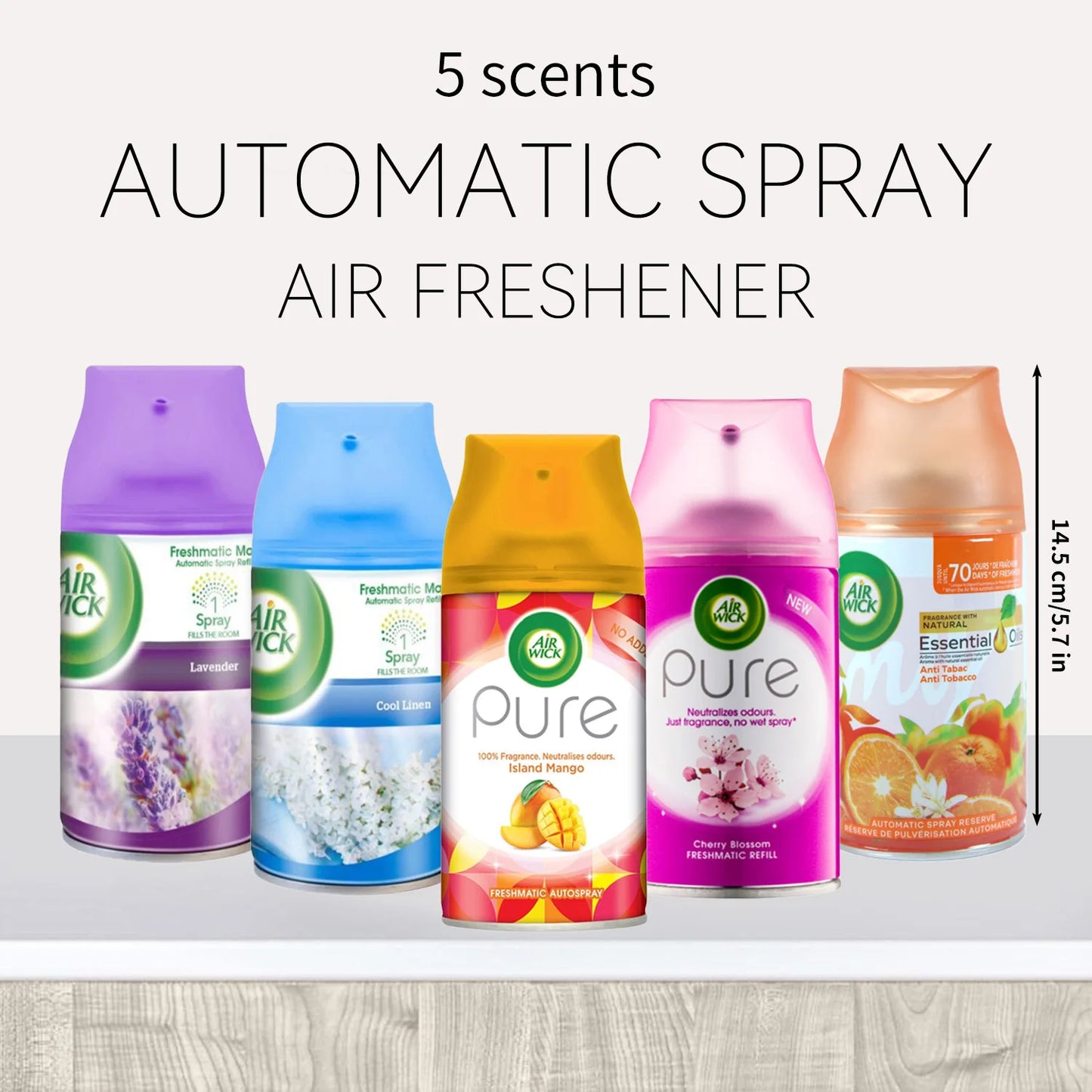 Five Air Wick air freshener cans with different scents.
