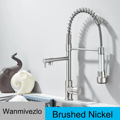 Brushed nickel kitchen faucet with pull-down sprayer on a light gray background