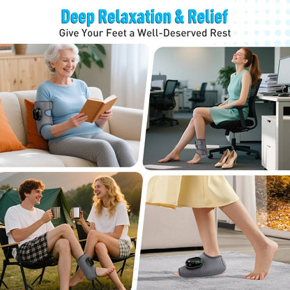 Collage of people using foot massagers in various settings with text 'Deep Relaxation & Relief'.