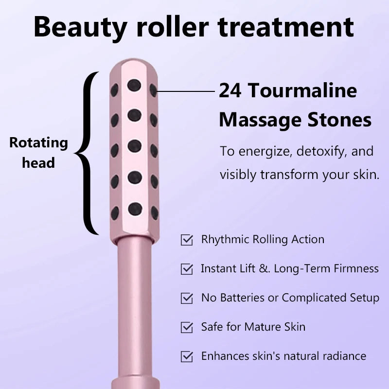 Beauty roller with 24 tourmaline massage stones on a purple background