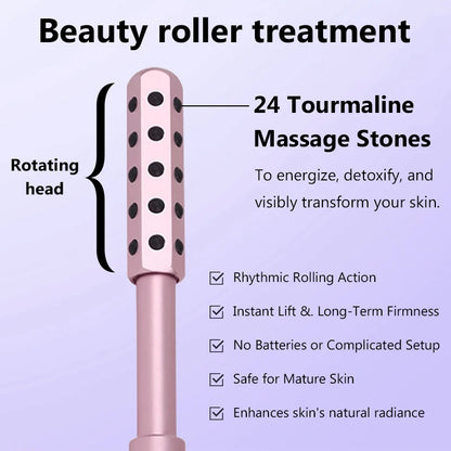 Beauty roller with 24 tourmaline massage stones on a purple background