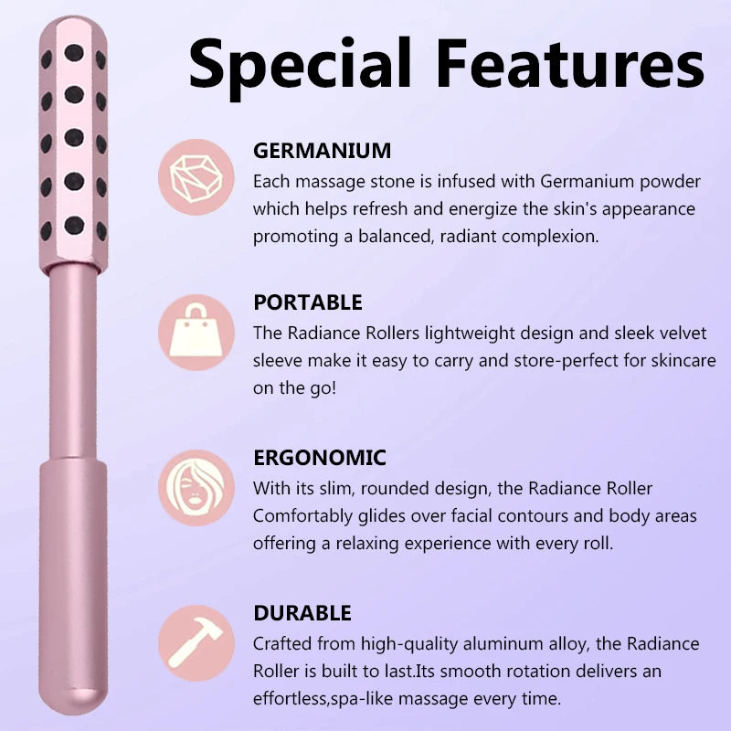 Radiance Roller with text detailing its features on a purple background