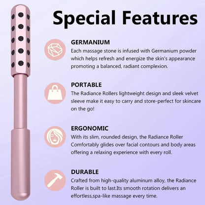 Radiance Roller with text detailing its features on a purple background