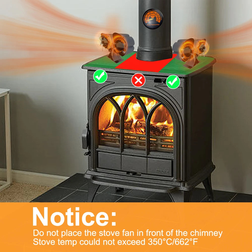 Wood stove with glowing interior and fan, featuring safety instructions on a gray background.