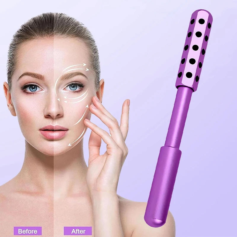 Woman with 'Before' and 'After' skin comparison next to a purple facial roller on a light purple background