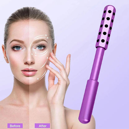 Woman with 'Before' and 'After' skin comparison next to a purple facial roller on a light purple background