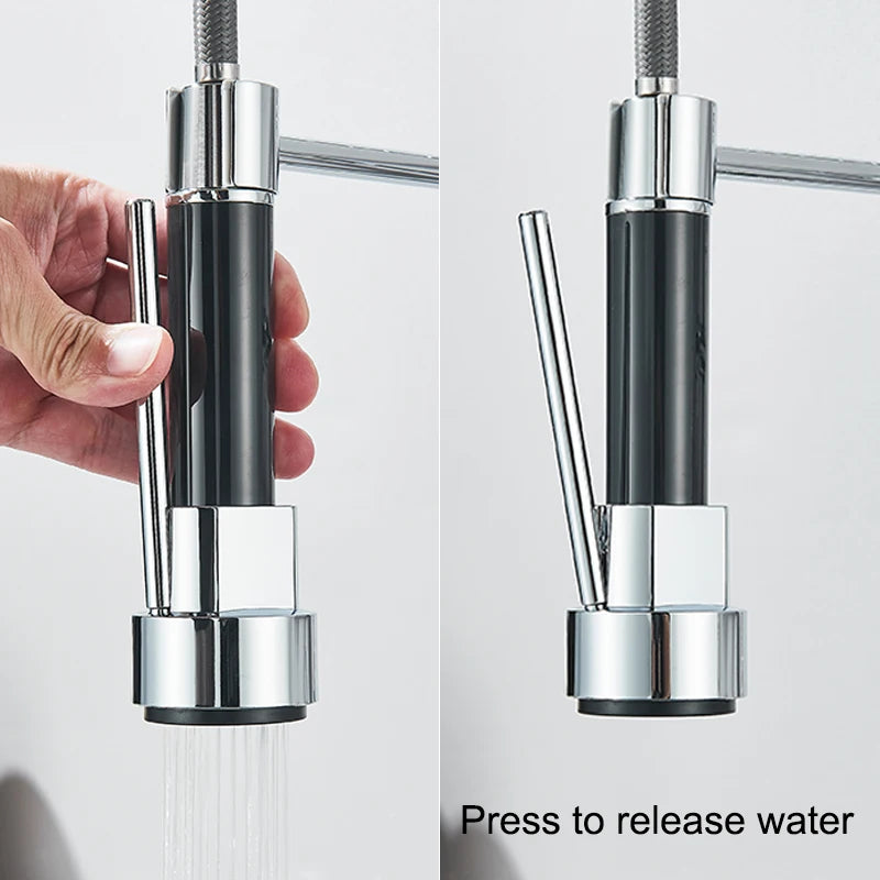 Chrome kitchen faucet handle with water release mechanism on a white background