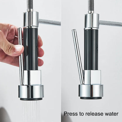 Chrome kitchen faucet handle with water release mechanism on a white background