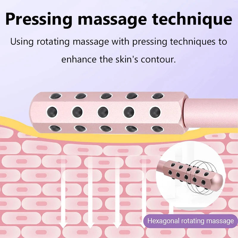 Hexagonal rotating massage tool with text on a skin texture background