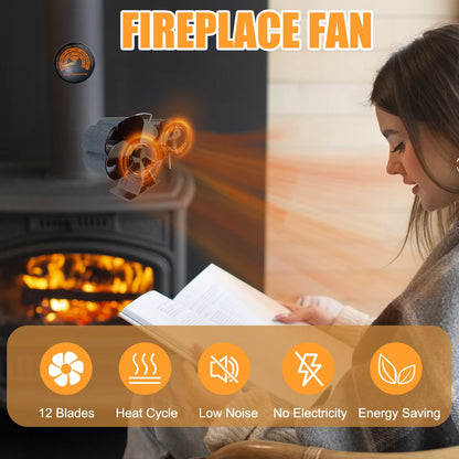 Woman reading by a fireplace with a text overlay about a fireplace fan, including features like 12 blades, heat cycle, low noise, no electricity, and energy saving.
