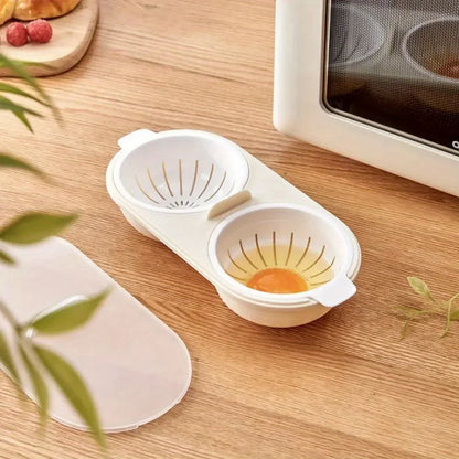 White egg separator on a wooden surface with a plant and kitchen appliance in the background.