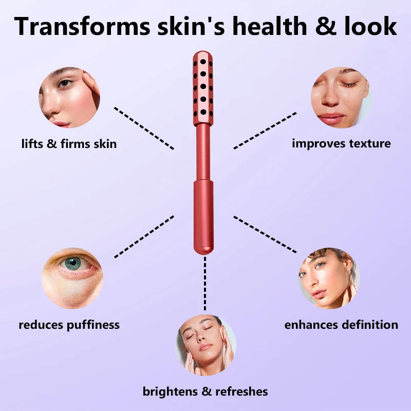 Facial roller with benefits for skin health and appearance on a purple background