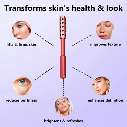 Facial roller with benefits for skin health and appearance on a purple background