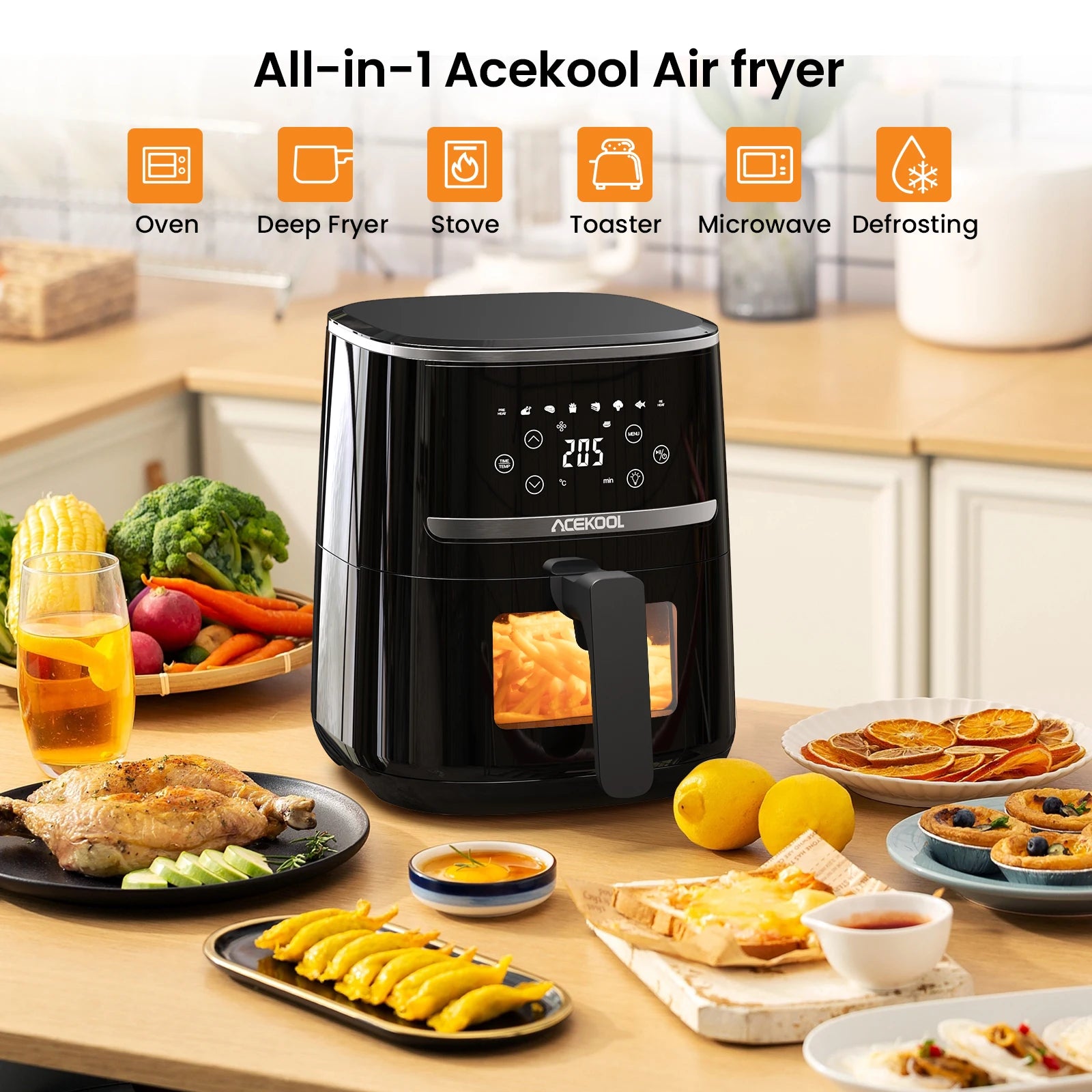 All-in-1 Acekool Air fryer on a kitchen counter with various dishes and appliances.