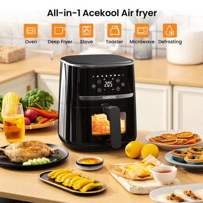 All-in-1 Acekool Air fryer on a kitchen counter with various dishes and appliances.